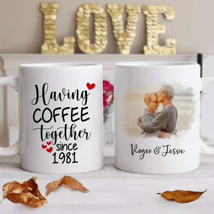 Personalized Coffee Mug Gifts For Couples Having Coffee Together Heart Custom Name & Photo White Cup For Anniversary