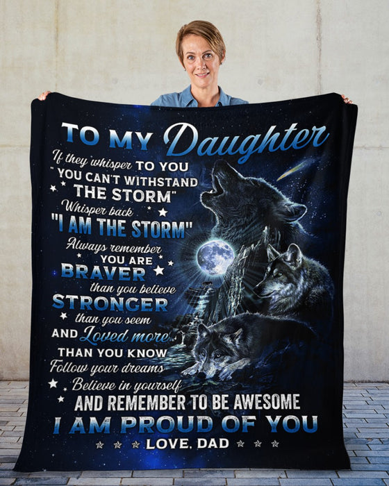 Personalized Blanket To My Daughter From Dad I Am Proud Of You Wolf Design Galaxy Background Custom Name