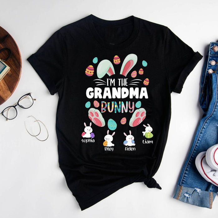 Personalized T-Shirt I'M The Grandma Bunny Cute Bunny With Easter Eggs Printed Custom Grandkids Name Easter Day Shirt