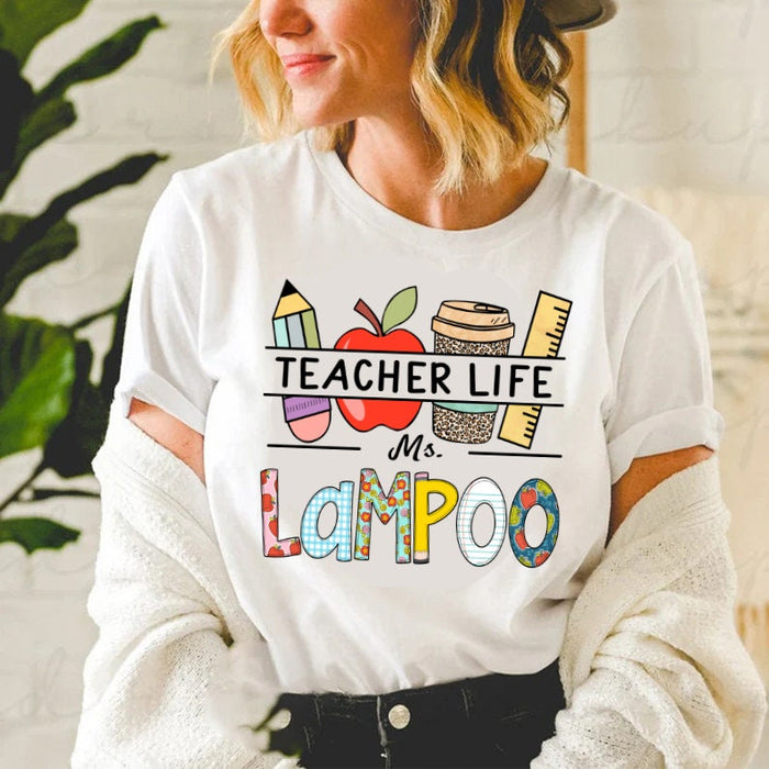 Personalized T-Shirt For Teacher Appreciation Leopard Apple Pencil Teacher Life Custom Name Shirt Back To School Gifts