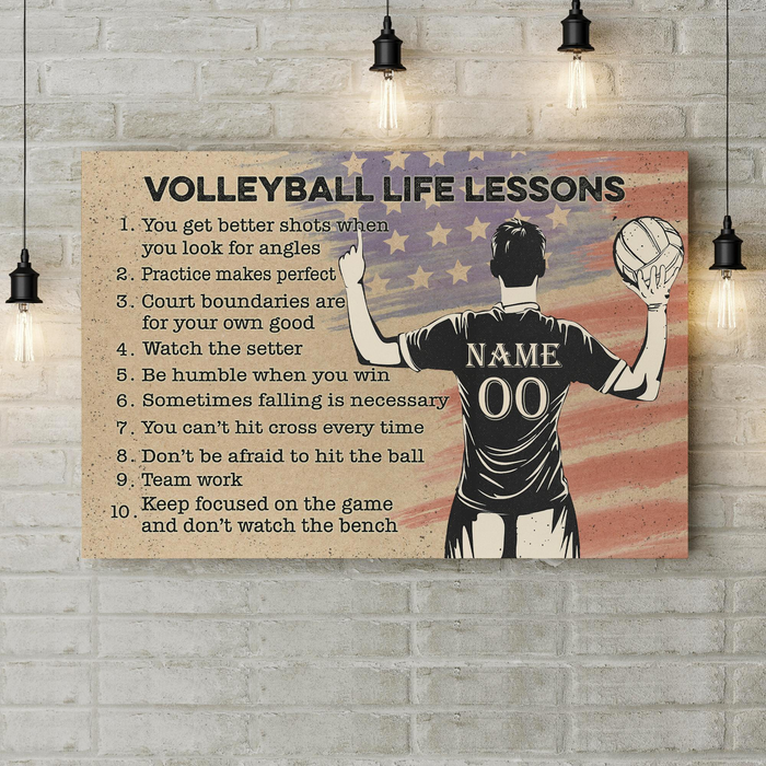 Personalized Volleyball Life Lessons Canvas For Volleyball Lovers Us Flag & Male Player Printed Custom Name & Number