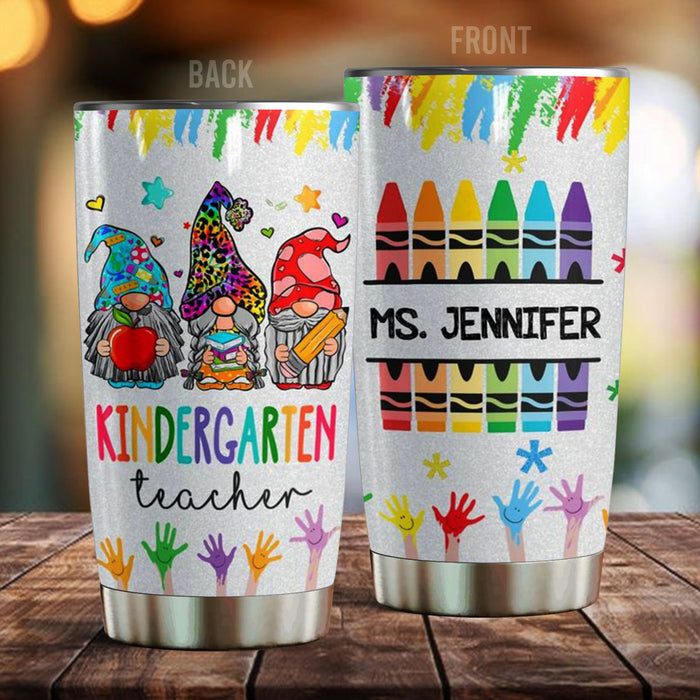 Personalized Tumbler Gifts For Teacher Cute Gnome Kindergarten Teacher Crayons 20oz Cup Custom Name For Back To School