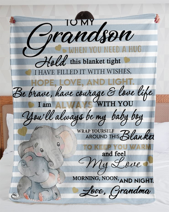 Personalized Blue Fleece Blanket To My Grandson Fron Grandma Pretty Elephants Hug Throw Blanket Customized Name