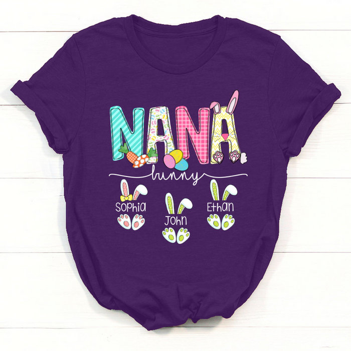 Personalized T-Shirt For Grandma Nana Bunny With Eggs & Carrot Printed Custom Grandkids Name Happy Easter Day Shirt