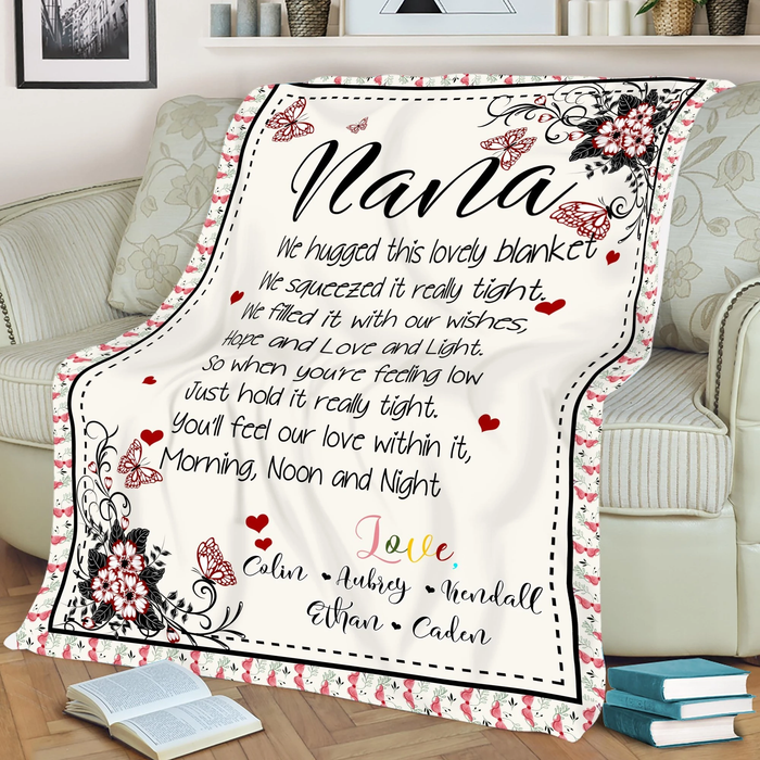 Personalized Fleece Blanket For Grandma Mom Rustic Flower Butterflies Print Customized Nana & Grandkids Name