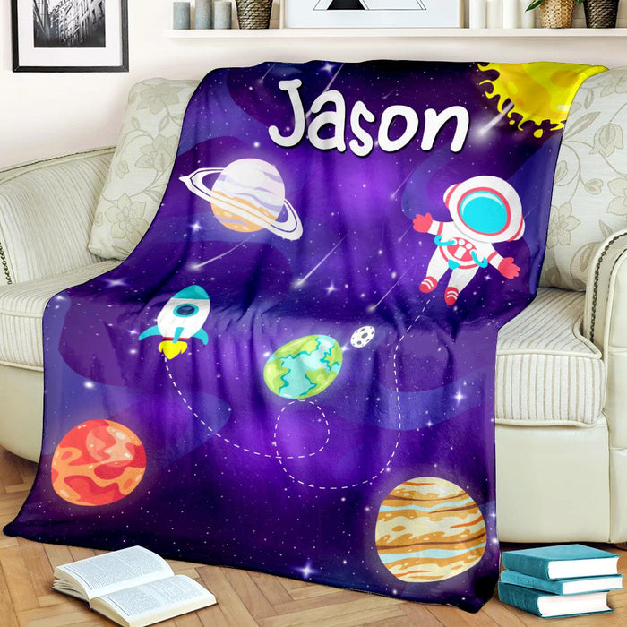 Personalized Baby Blanket For Boy Girl Astronaut Outer Space Rocket Ship Printed Galaxy Lovers Custom Name