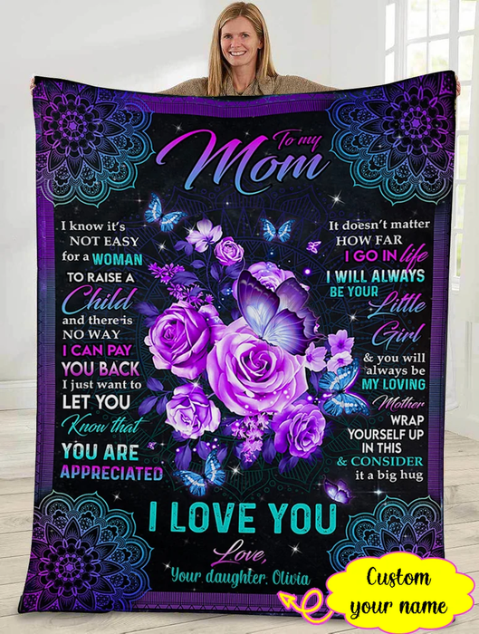 Personalized Mandala Blanket To My Mom Purple Butterfly & Rose Blanket For Mothers Day Custom Name