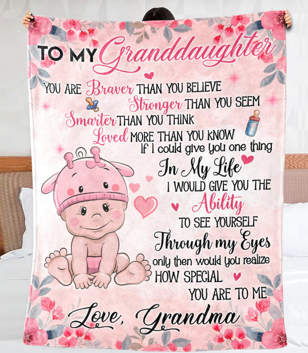 Personalized To My Granddaughter From Grandma Lovely Baby & Beautiful Flower Printed Pink Background Custom Name