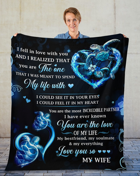 Personalized Blanket To My Wife I Fell In Love With You Print Light Blue Turtle With Heart Custom Name Valentine Blanket