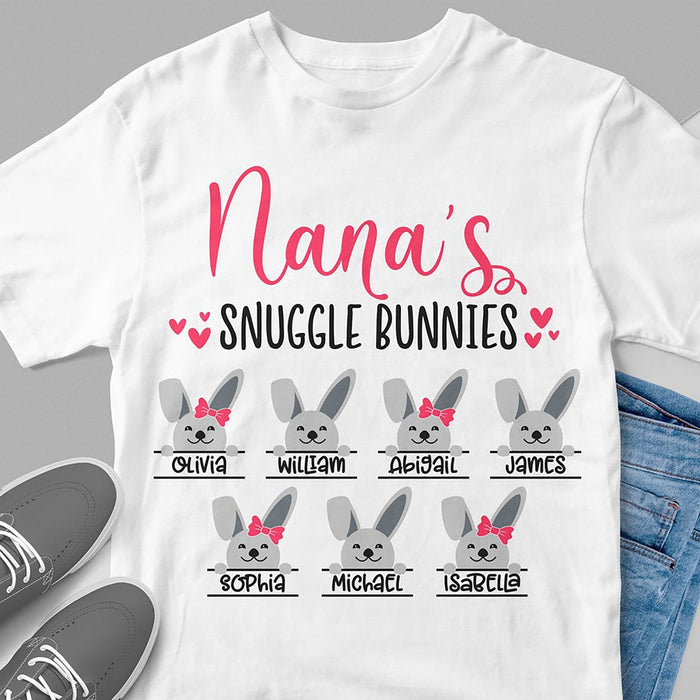 Personalized T-Shirt For Grandma Nana'S Snuggle Bunnies Cute Bunny Printed Custom Grandkids Name Easter Day Shirt