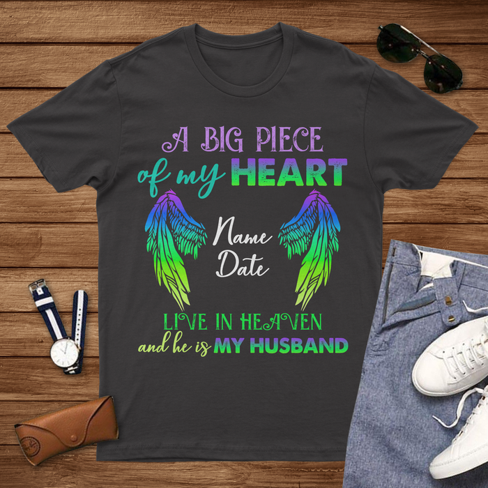 Personalized Memorial T-Shirt In Loving Memory A Piece Of My Heart Live In Heaven Angel Wings Print Custom Name