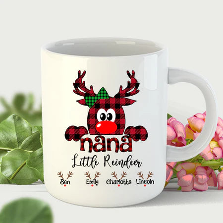 Personalized Coffee Mug Gifts For Grandmother Nana Little Reindeer Red Plaid Custom Grandkids Name Christmas White Cup