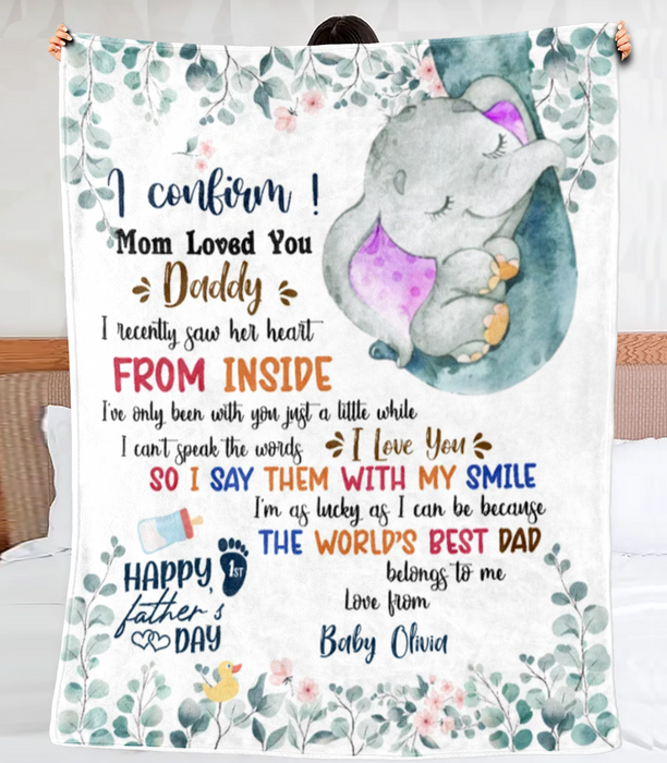 Personalized Blanket To My Dad From Baby Bump Happy First Father's Day Cute Baby Elephant & Flower Custom Name