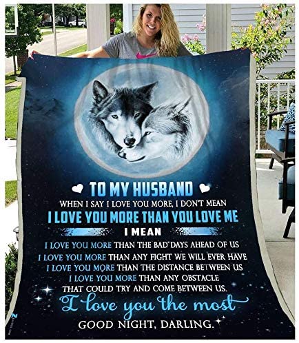 Personalized Blanket To My Husband I Say I Love You More Full Moon & Wolf Couple Blanket For Valentines Custom Name