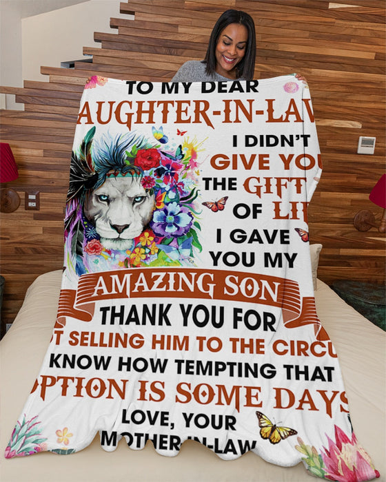 Personalized Blanket To My Daughter-in-law From Mom Thank You Lion With Butterfly And Flower Print Custom Name