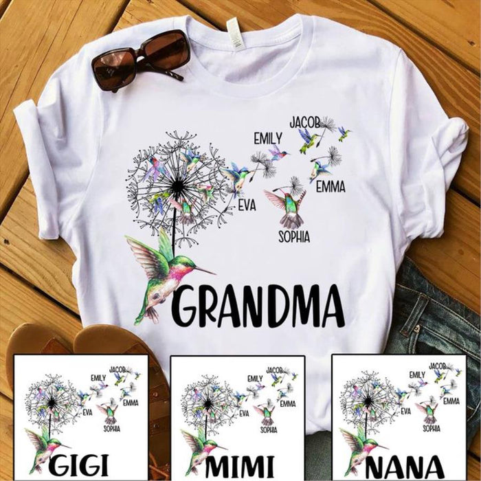 Personalized T-Shirt For Grandma Hummingbird Dandelion Flowers Art Printed Shirt Custom Grandkids Name