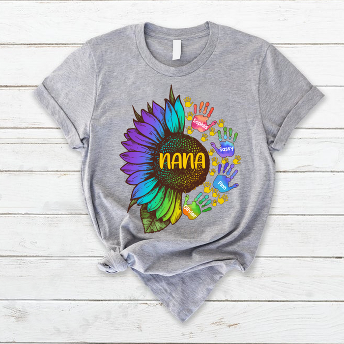 Personalized T-Shirt For Grandma Nana Tie Dye Design Sunflower And Handprint Printed Custom Grandkids Name