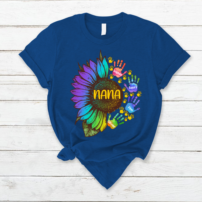 Personalized T-Shirt For Grandma Nana Tie Dye Design Sunflower And Handprint Printed Custom Grandkids Name