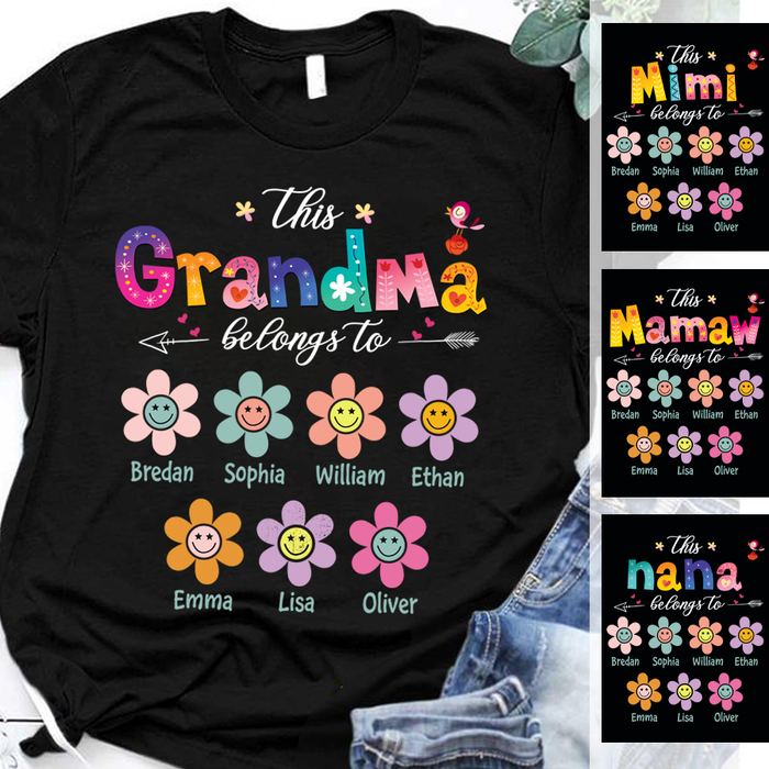 Personalized T-Shirt This Grandma Belongs To Colorful Flowers And Arrow Printed Custom Grandkids Name