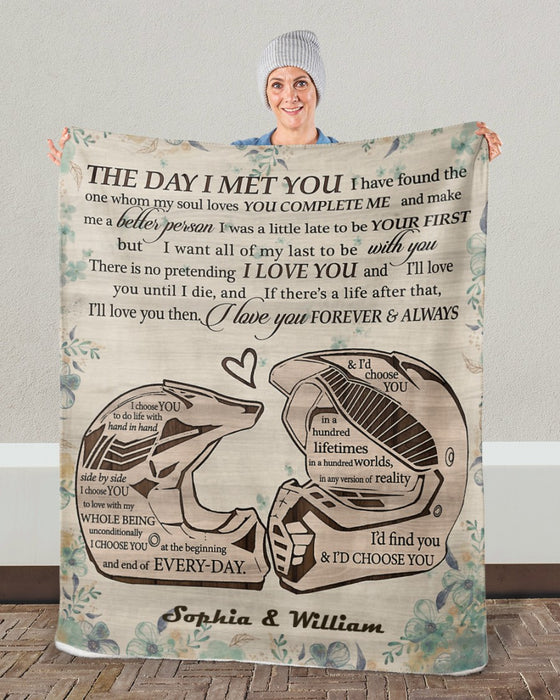 Personalized Couple Motorcycle Biker Blanket For Husband And Wife Custom Name The Day I Met You Helmets Couple Blanket