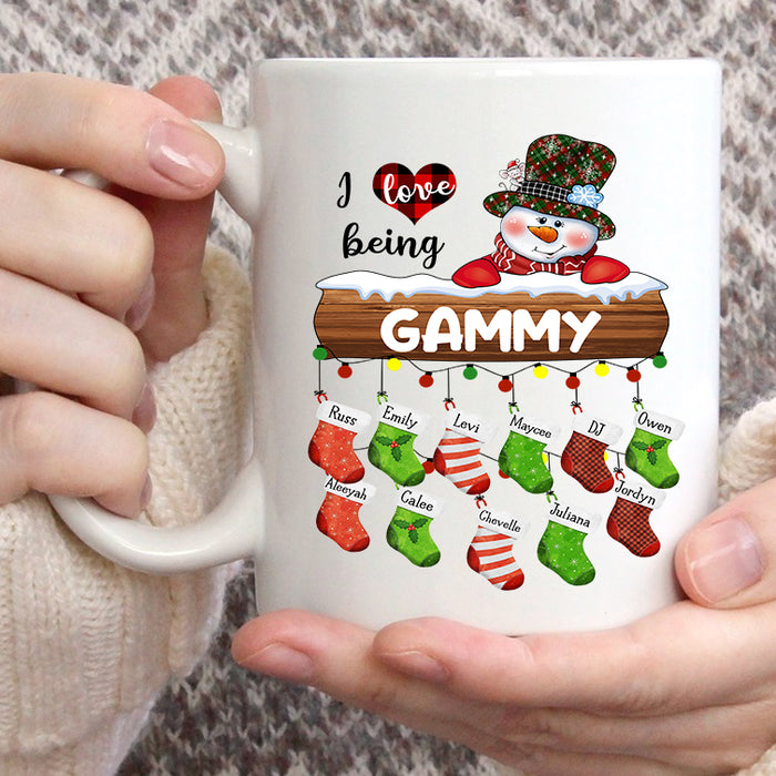 Personalized Coffee Mug Gifts For Grandma I Love Being Gammy Snowman Stockings Custom Grandkids Name Christmas White Cup