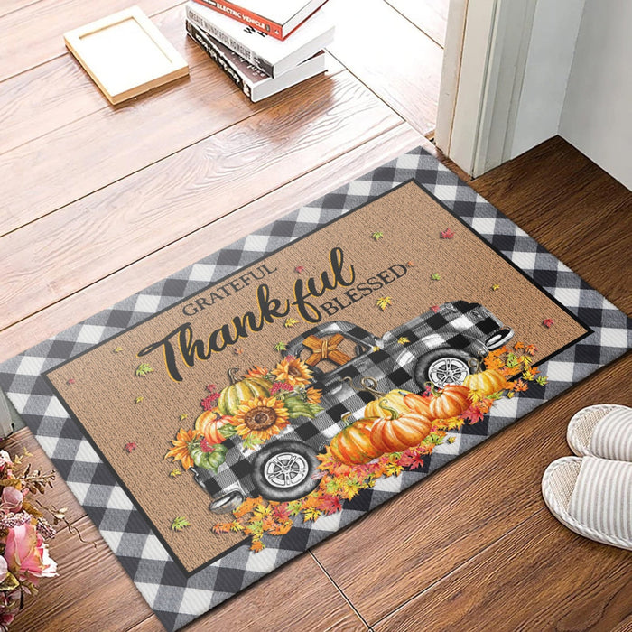 Welcome Doormat For Christian Lovers Grateful Thankful Blessed Pumpkin Truck With Sunflower & Cross Printed Plaid Design