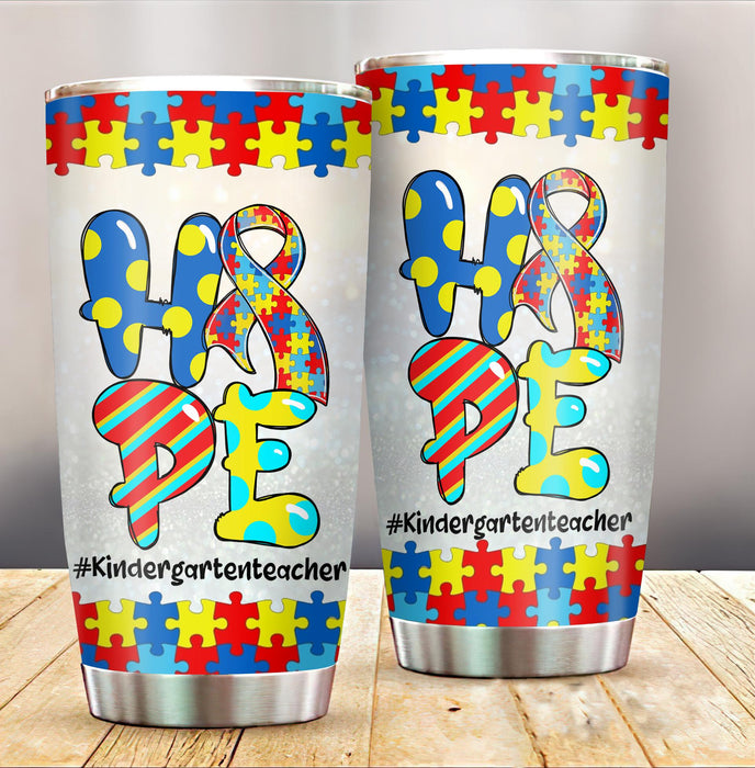 Personalized Tumbler For Teacher Hope Puzzle Pieces Ribbon Autism Awareness Custom Grade Back To School Gifts 20oz Cup