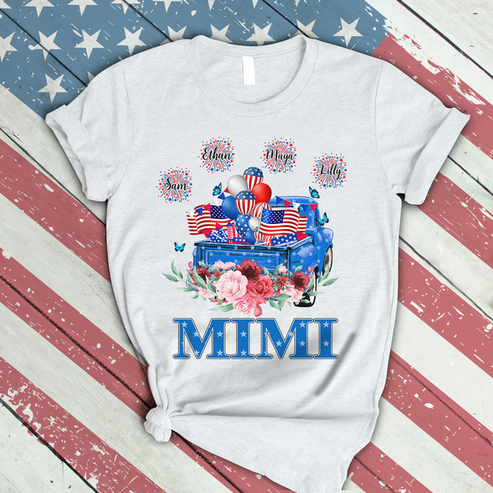 Personalized T-Shirt For Grandma Mimi American Flag Stars Truck With Balloon & Fireworks Printed Custom Grandkids Name