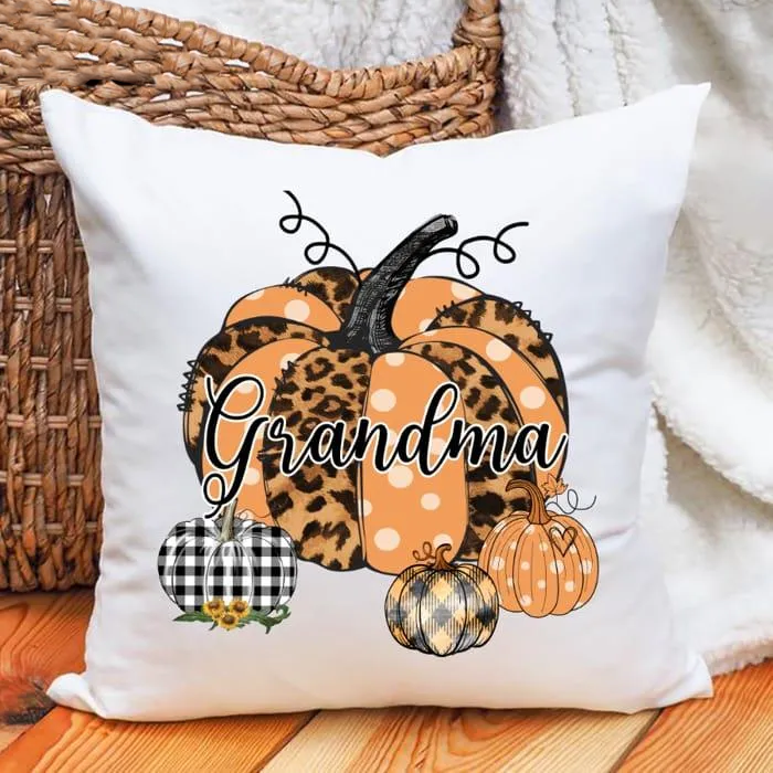 Personalized Square Pillow Gifts For Grandma Leopard Pumpkin Black White Plaid Custom Name Sofa Cushion For Thanksgiving