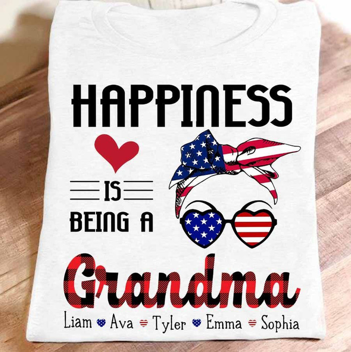 Personalized T-Shirt For Grandma Sunglasses & Headband With USA Flag Style Custom Grandkids Name 4th July Day Shirt