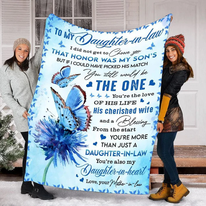 Personalized To My Daughter In Law Blanket Blue Butterflies His Cherished Wife Custom Name Gifts For Christmas Xmas