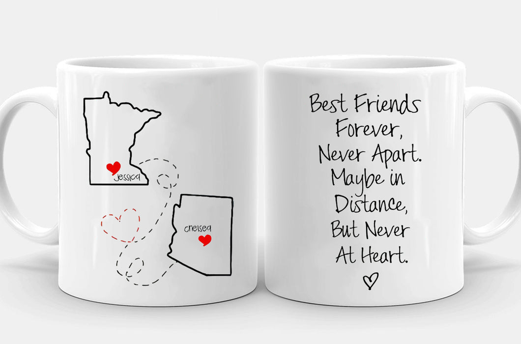 Personalized Coffee Mug For Bestie Sisters Maybe In Distance Never At Heart Custom Name White Cup Long Distance Gifts