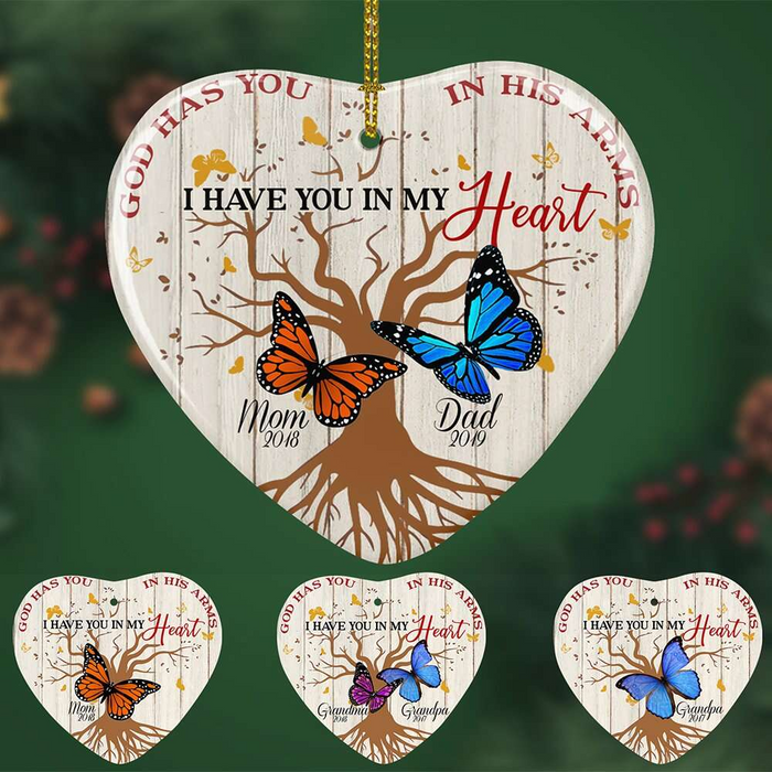 Personalized Memorial Ornament For Parent In Heaven God Has You In His Arms Butterflies And Tree Printed Custom Year