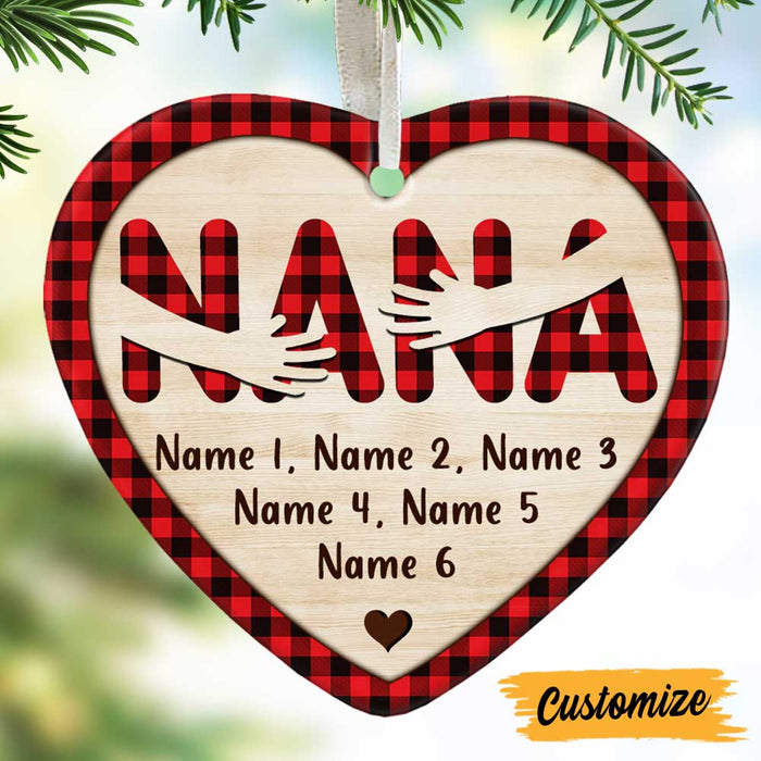 Personalized Ornament For Grandma From Grandchildren Hands Hug Heart Red Black Plaid Custom Name Gifts For Christmas