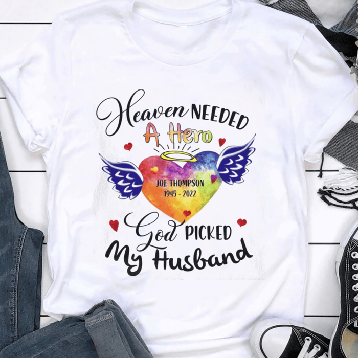 Personalized Memorial T-Shirt For Loss Of Loved Ones God Picked My Husband Angel Wings Custom Name Sympathy Gifts