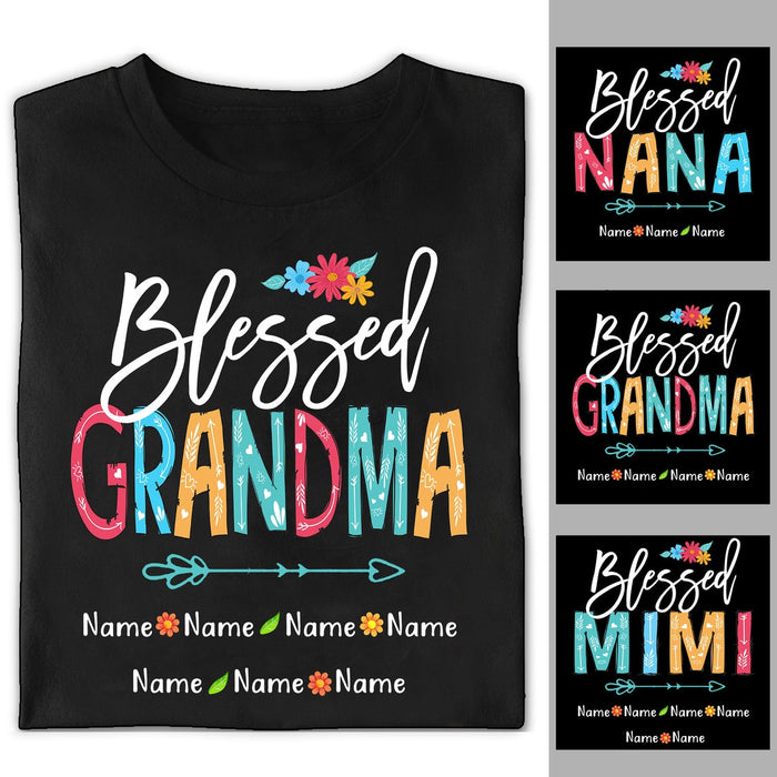 Personalized T-Shirt Blessed Grandma Colorful Flower & Arrow Printed Custom Grandkids Name Mother'S Day Shirt