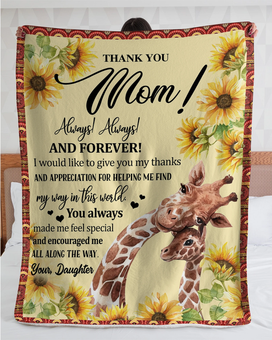 Personalized Blanket To My Mom From Daughter Always Old And Baby Giraffe Printed Sunflower Design Custom Name