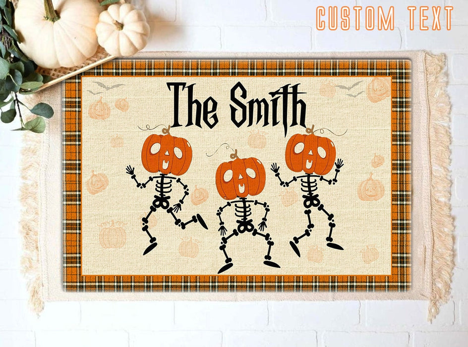 Personalized Welcome Doormat Dancing Pumpkin Skeleton Printed Plaid Design Custom Family Name Happy Halloween Doormat