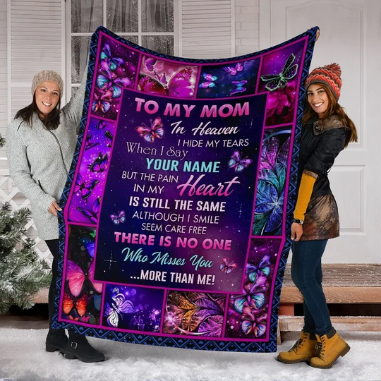 Personalized To My Mom In Heaven Memorial Fleece Blanket From Daughter Son Custom Name Colorful Butterflies Printed