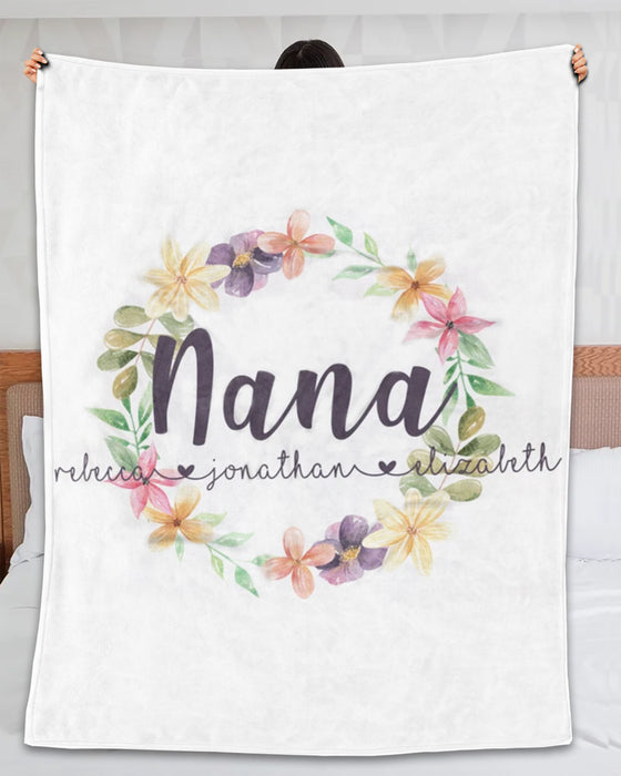 Personalized Blanket For Grandma Flower Wreath Printed Custom Grandkids Name Monogram Design Mothers Day Blanket
