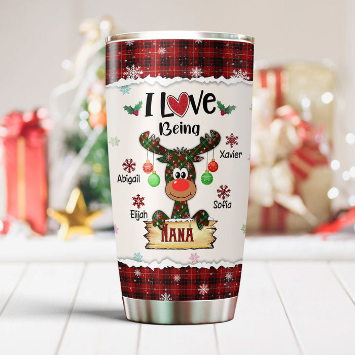 Personalized Tumbler Gifts For Grandma From Grandkids I Love Being Nana Reindeer Red Plaid Custom Name For Christmas