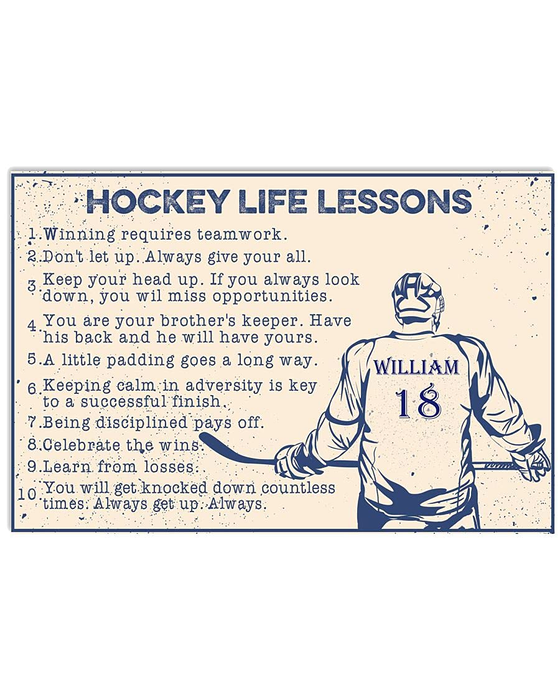 Personalized Hockey Life Lessons Poster Canvas For Hockey Lovers Player Printed Custom Name & Number Rustic Design