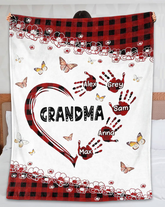 Personalized To My Grandma Blanket From Grandkids Butterflies Heart Handprints Red Plaid Custom Name Gifts For Christmas