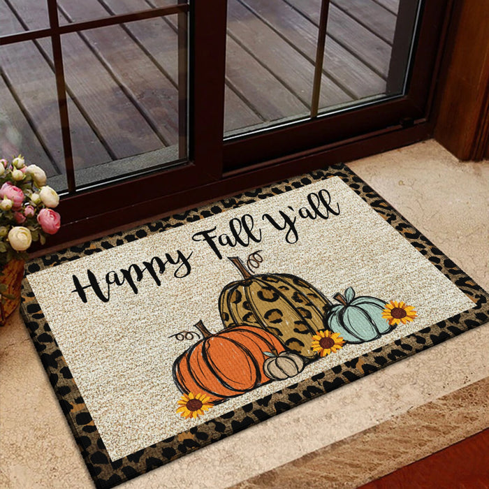 Welcome Doormat For Fall Lovers Happy Fall Y'all Cute Pumpkin & Sunflower Printed Leopard Design