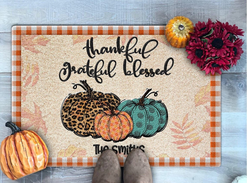 Personalized Welcome Doormat Thankful Grateful Blessed Pumpkin Printed Leopard Plaid Polka Dot Design Custom Family Name