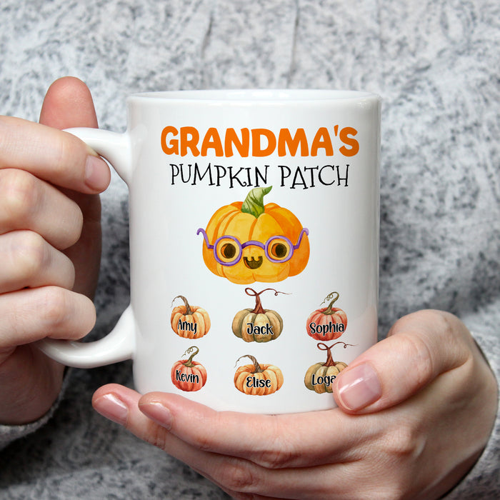 Personalized Ceramic Coffee Mug For Grandma Pumpkin Patch Autumn Design Custom Grandkids Name 11 15oz Funny Cup