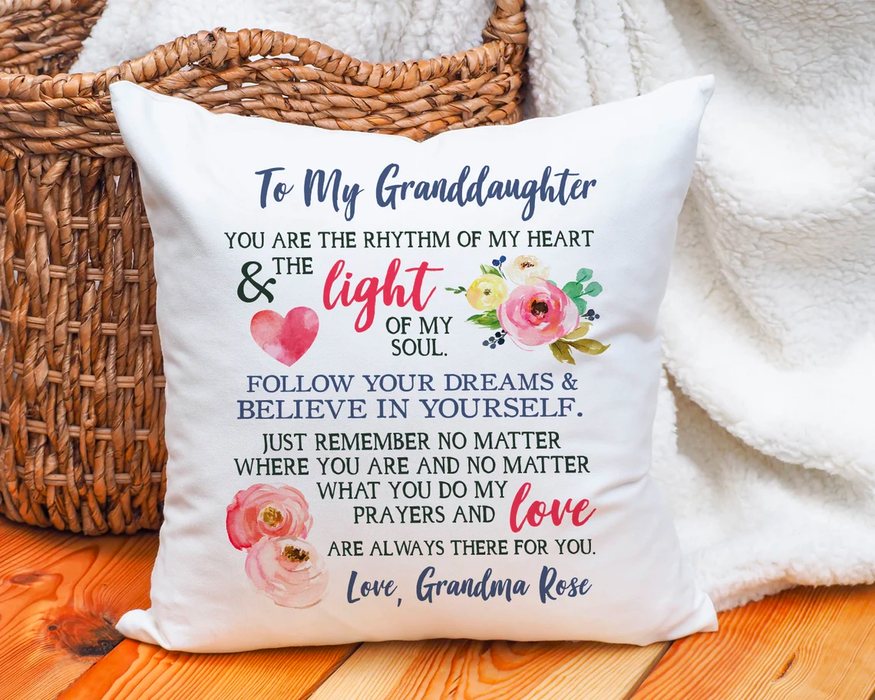 Personalized To My Granddaughter Square Pillow Flower You Are The Rhythm Of My Heart Custom Name Sofa Cushion Xmas Gifts