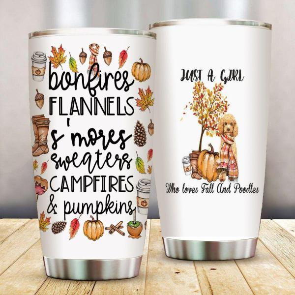 Personalized Tumbler For Dog Lover Loves Fall And Poodles Bonfires Flannel Travel Cup Gifts Custom Name For Thanksgiving