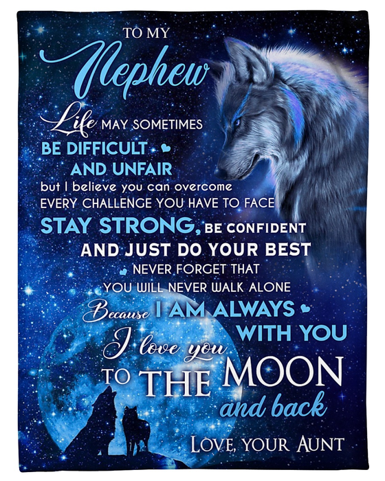 Personalized To My Nephew Blanket From Aunt Old & Baby Wolf Under The Moon Print Custom Name Galaxy Background