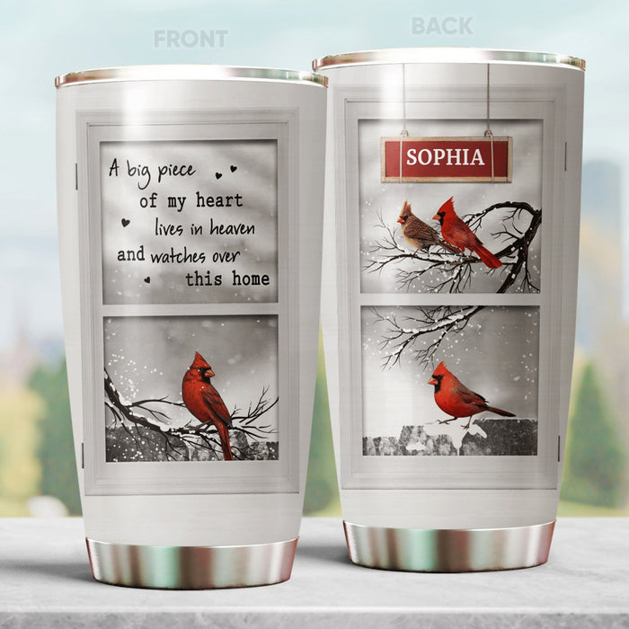 Personalized Memorial Tumbler For Loss Of Loved One My Heart Lives In Heaven Cardinal Bird Custom Name Travel Cup 20oz